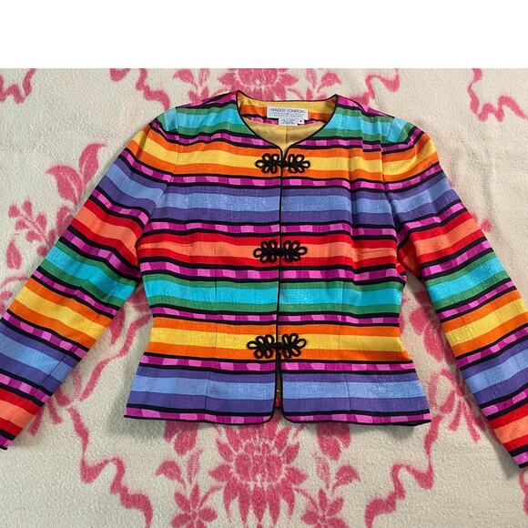 VTG Maggy London by Kenneth Nolan rainbow bold blazer 100% silk SZ 8 90s retro - Picture 1 of 8